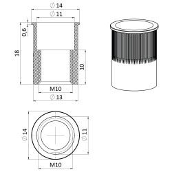 Nerezová redukovaná nitovacia matica M10, zapustená hlava, ryhovaný driek, AISI304 Nerezová redukovaná nitovacia matica M10, zapustená hlava, ryhovaný driek, AISI304